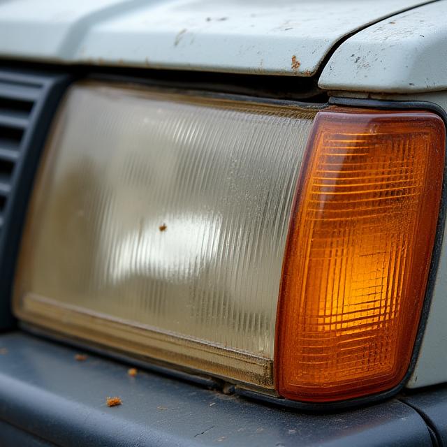 Cloudy, yellowed headlights before restoration.