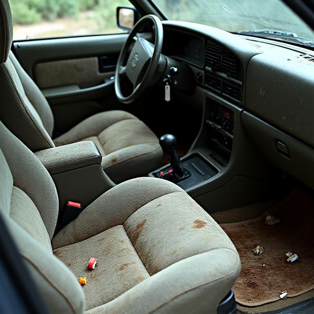 Dirty car interior with stained seats before detailing.