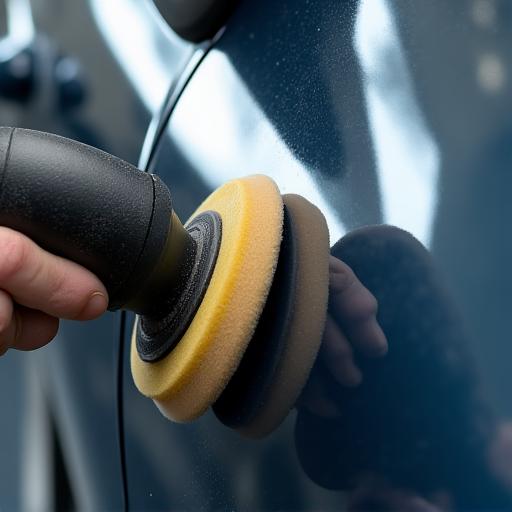 Technician machine-polishing a car's side panel.